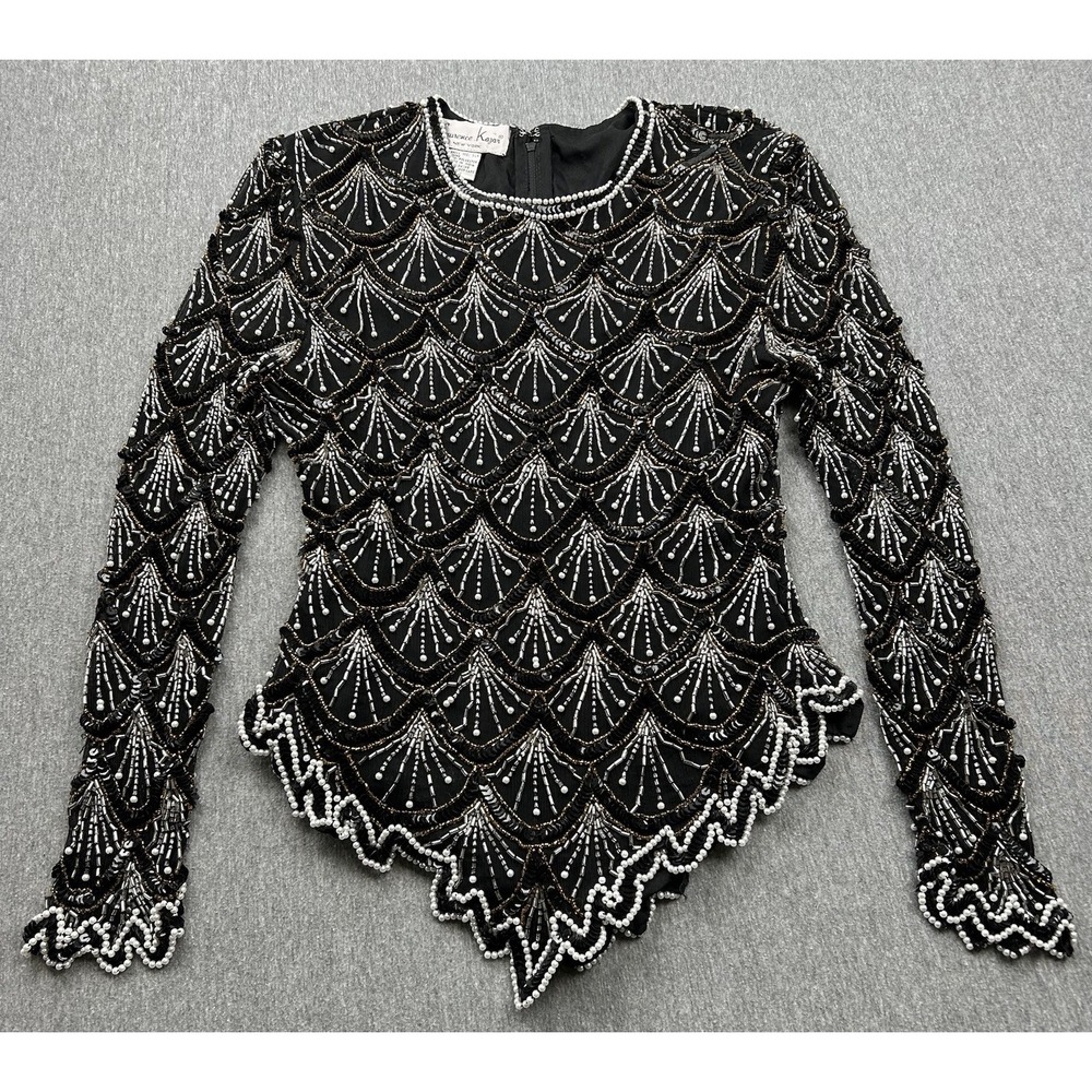 Laurence Kazar Silk Beaded Long Sleeve Top Womens Petite Medium Black Gold Shirt